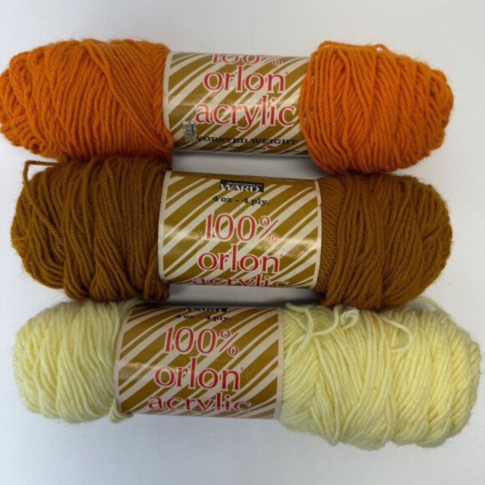 Montgomery Ward Orlon Acrylic Yarn 4-Ply Orange 54,‎ Gold 49, Med Yellow 44